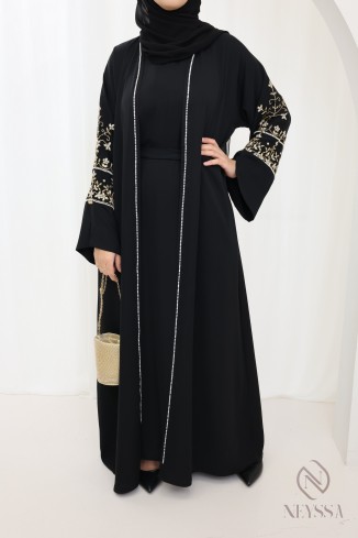 Abaya Dubai schwarz inkl. Kimono und Hijab, Fashion Eid Outfit.
