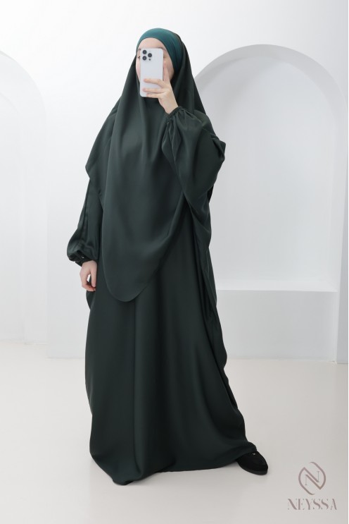Abaya khimar long à bonnet intégré soie de nidah, tenue omra