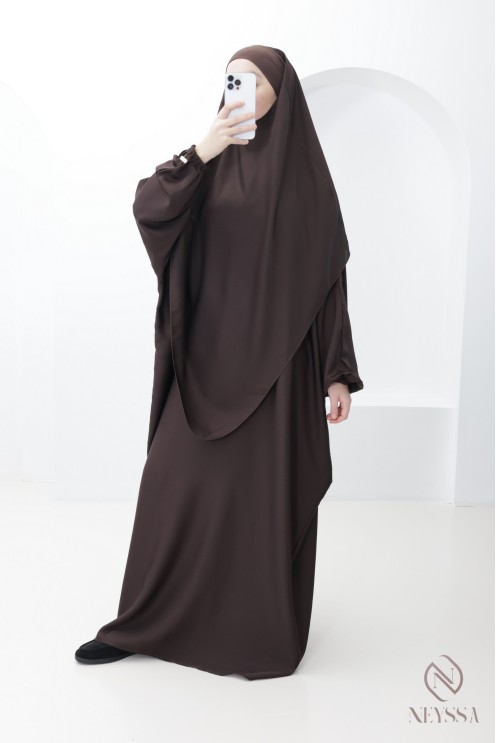 Abaya khimar marron femme ample avec poche Spécial Omra & Hajj