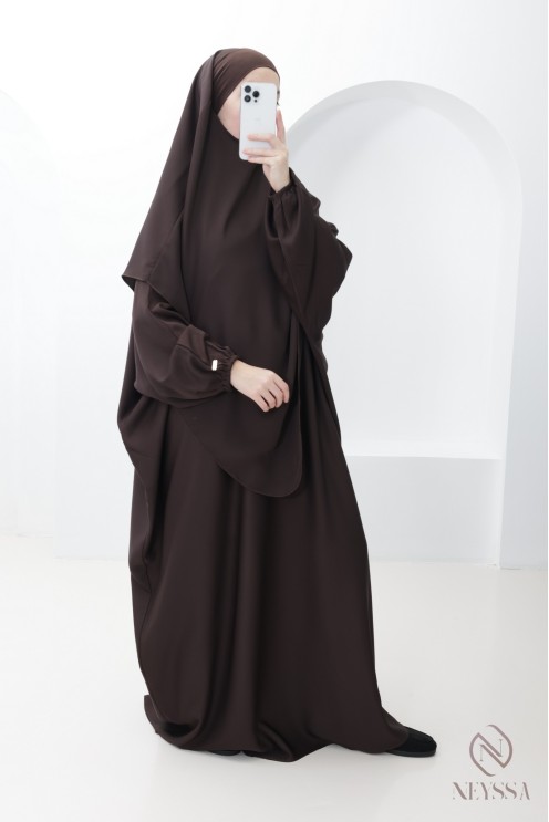 Abaya khimar marron femme ample avec poche Spécial Omra & Hajj