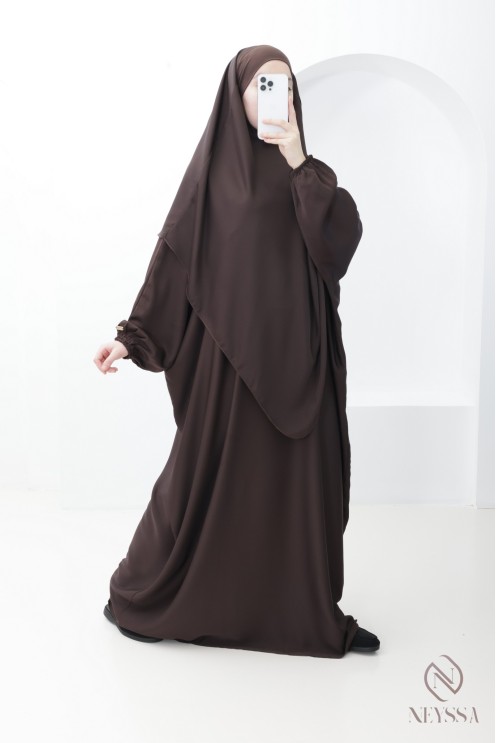 Loose-fitting brown women's abaya khimar with pocket Special for Umrah