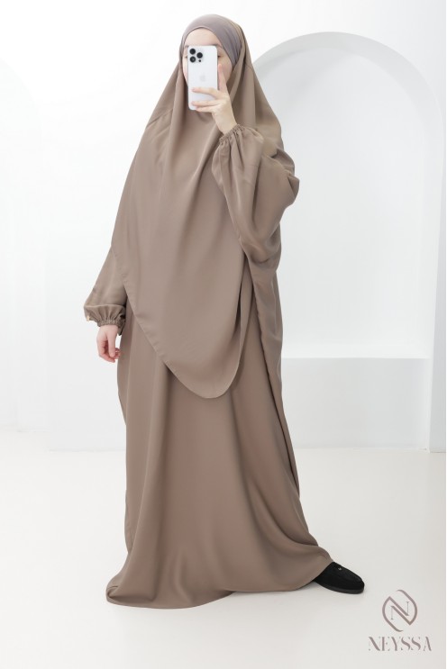 Taupe abaya + khimar set with pocket for hijabi women performing Umrah