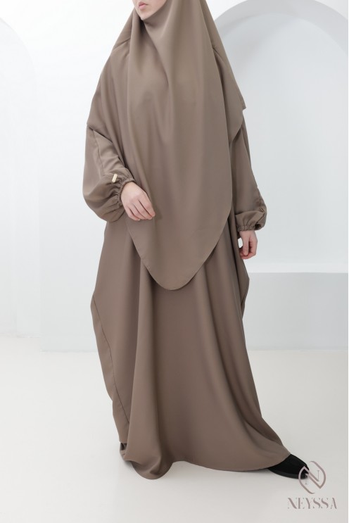 Ensemble abaya + khimar taupe avec poche pour femme hijabi omra