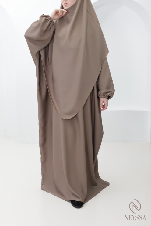 Taupe abaya + khimar set with pocket for hijabi women performing Umrah
