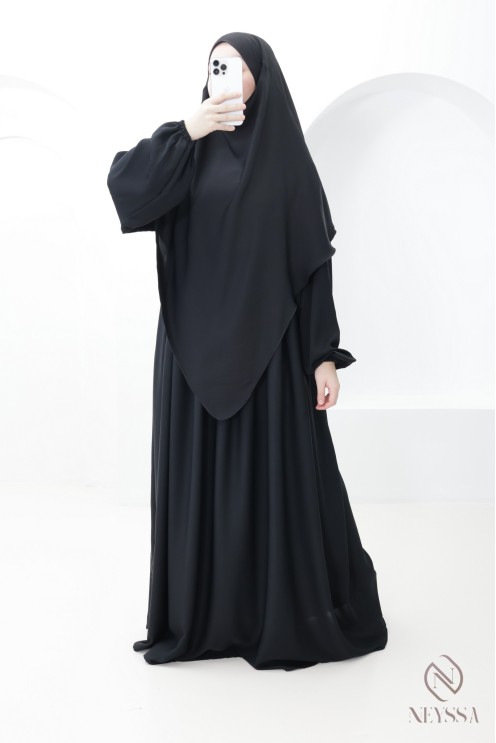 Ensemble abaya poche sur le buste + khimar long pointe, soie de Nidah