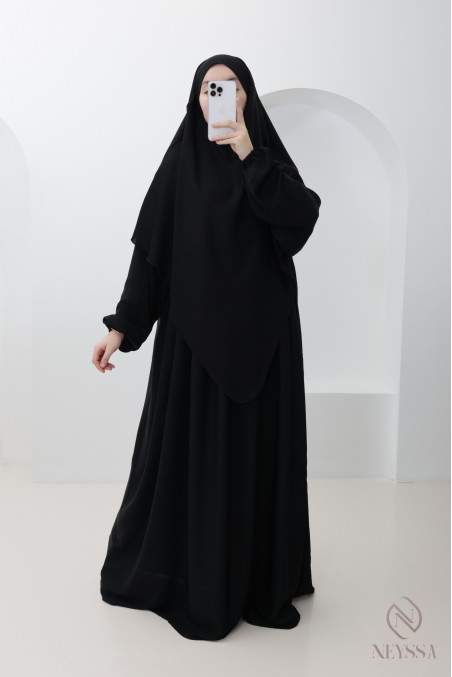 Ensemble abaya poche sur le buste + khimar long pointe, soie de Nidah