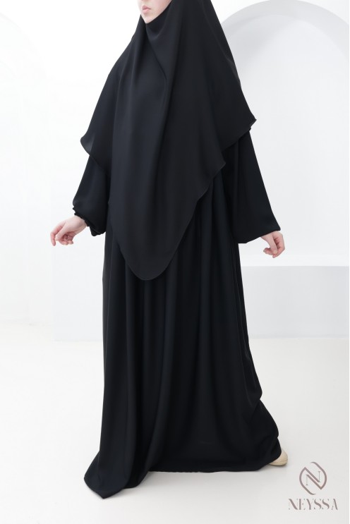 Ensemble abaya poche sur le buste + khimar long pointe, soie de Nidah