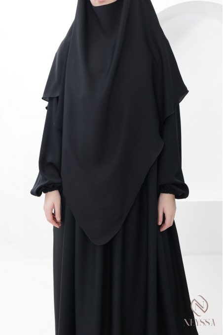Ensemble abaya poche sur le buste + khimar long pointe, soie de Nidah
