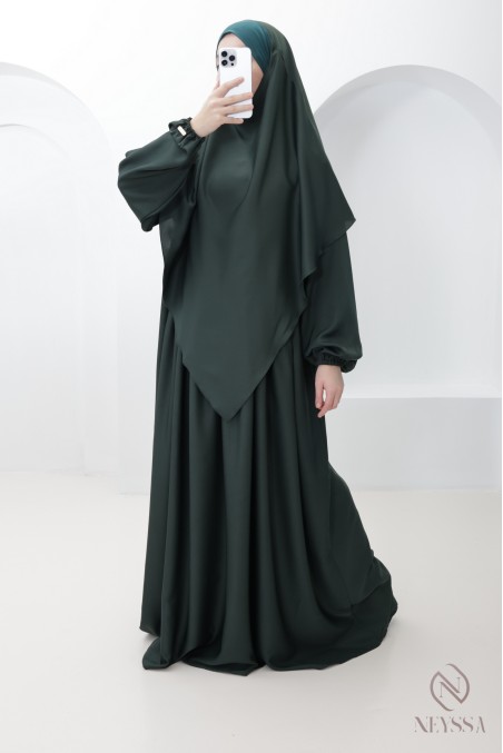 Combo abaya khimar vert soie de Nidah, poche kangourou