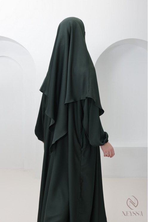 Combo abaya khimar vert soie de Nidah, poche kangourou