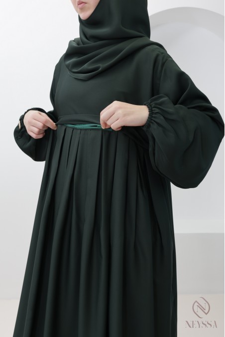 Combo abaya khimar vert soie de Nidah, poche kangourou