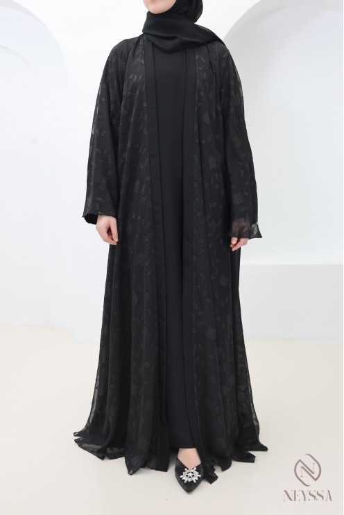 Abaya Dubaï kimono mousseline avec motifs brodée et strass femme