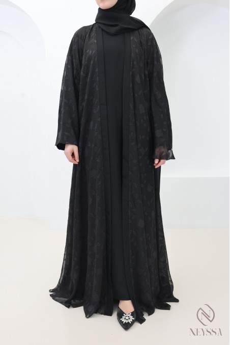 Dubai muslin kimono abaya with embroidered motifs and rhinestones