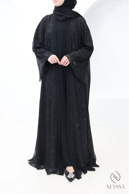 Dubai muslin kimono abaya with embroidered motifs and rhinestones