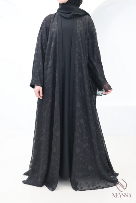 Abaya Dubaï kimono mousseline avec motifs brodée et strass femme