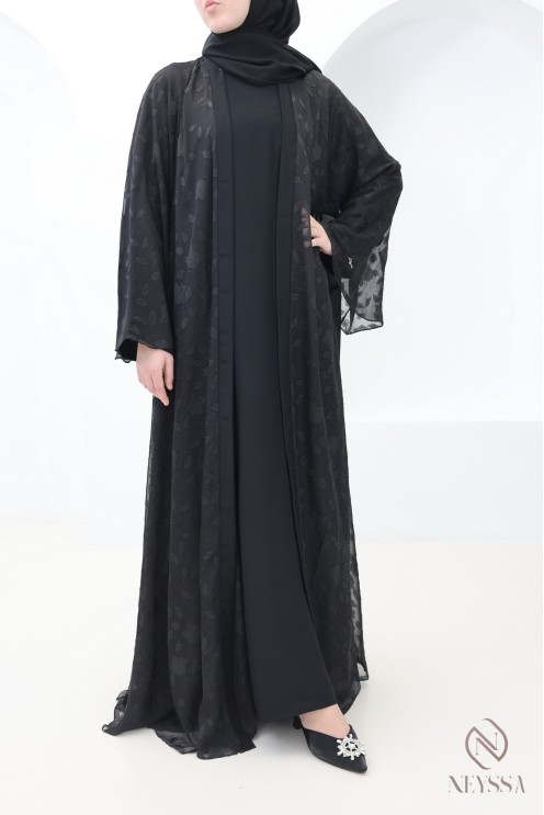 Abaya Dubaï kimono mousseline avec motifs brodée et strass femme