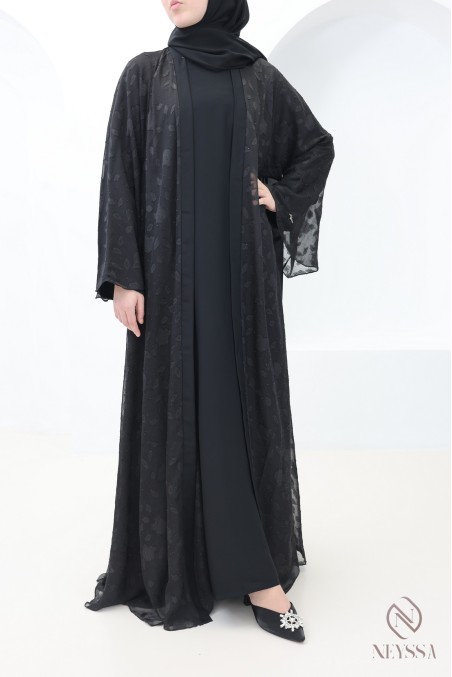 Abaya Dubaï kimono mousseline avec motifs brodée et strass femme