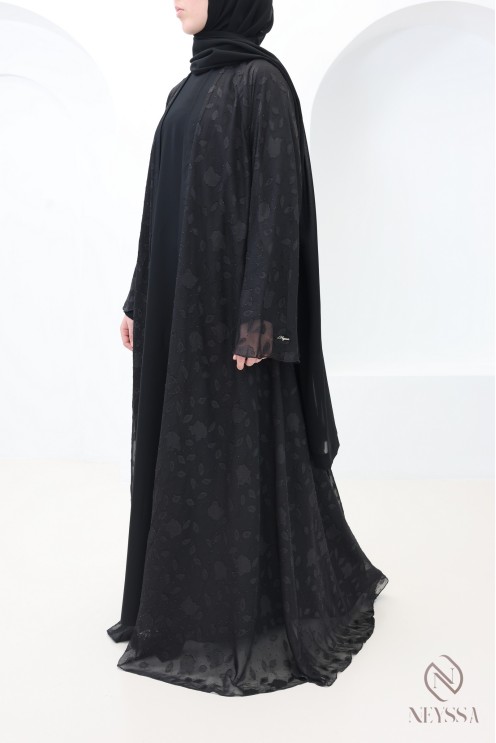 Dubai muslin kimono abaya with embroidered motifs and rhinestones
