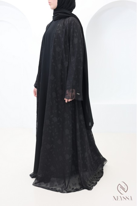Abaya Dubaï kimono mousseline avec motifs brodée et strass femme
