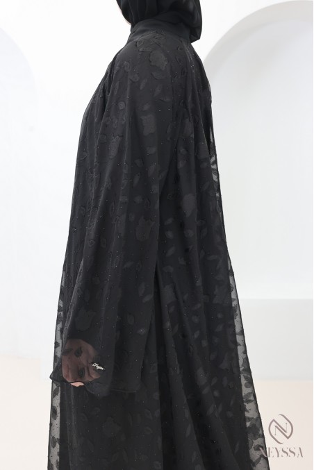 Dubai muslin kimono abaya with embroidered motifs and rhinestones