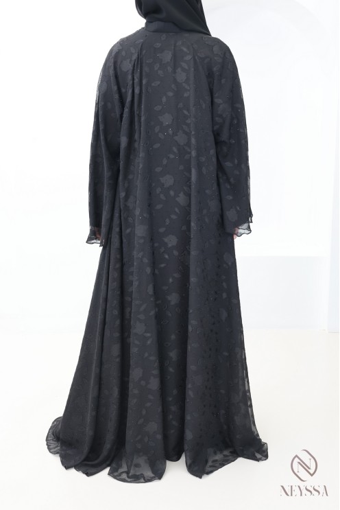 Abaya Dubaï kimono mousseline avec motifs brodée et strass femme