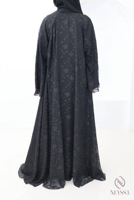 Abaya Dubaï kimono mousseline avec motifs brodée et strass femme