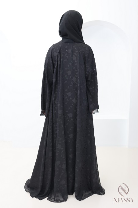 Abaya Dubaï kimono mousseline avec motifs brodée et strass femme