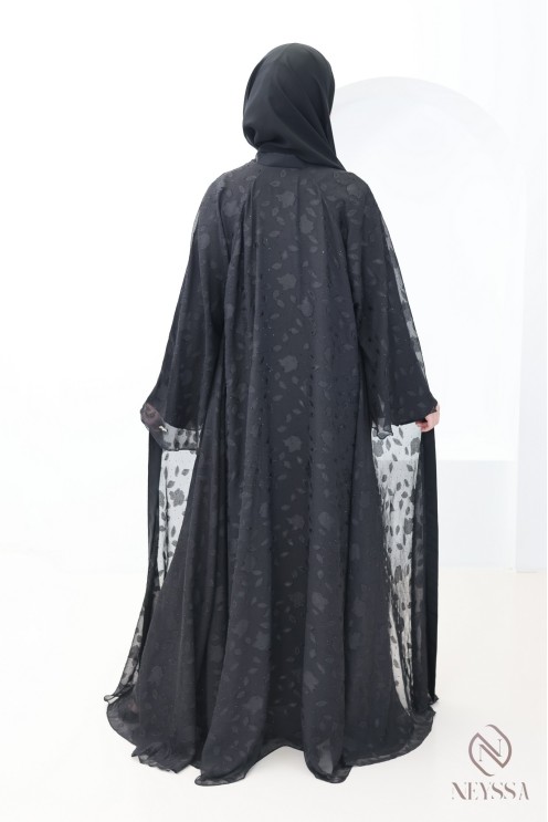 Abaya Dubaï kimono mousseline avec motifs brodée et strass femme