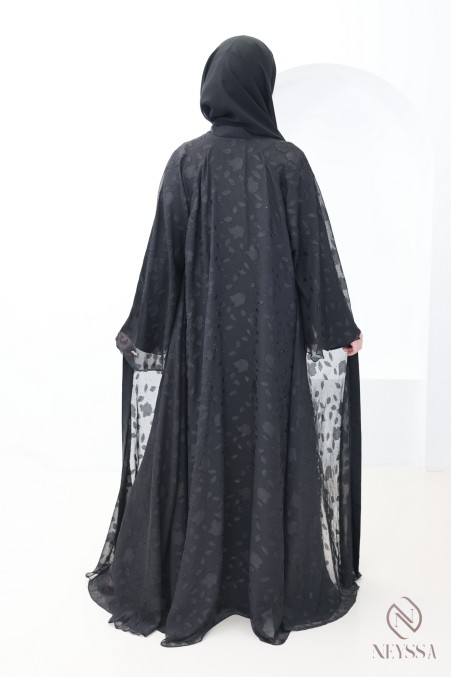 Dubai muslin kimono abaya with embroidered motifs and rhinestones