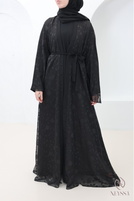 Dubai muslin kimono abaya with embroidered motifs and rhinestones