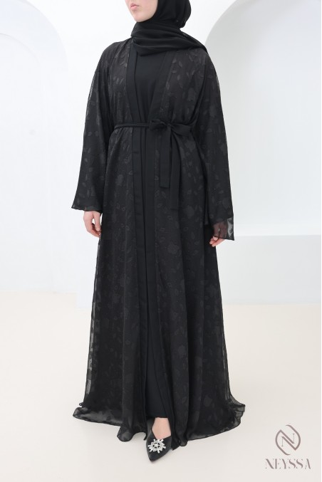 Abaya Dubaï kimono mousseline avec motifs brodée et strass femme