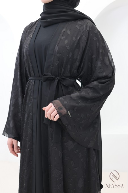 Dubai muslin kimono abaya with embroidered motifs and rhinestones