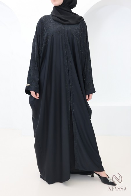 Abaya Dubaï kimono coupe papillon avec strass arabesques femme