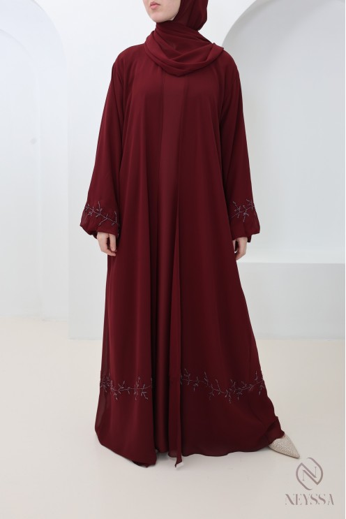 Abaya Dubai Kimono aus burgunderrotem Musselin, trendiger Hijabi-Eid