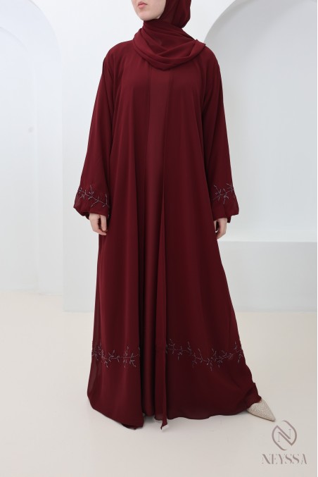 Abaya Dubai Kimono aus burgunderrotem Musselin, trendiger Hijabi-Eid