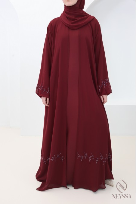 Abaya Dubai Kimono aus burgunderrotem Musselin, trendiger Hijabi-Eid