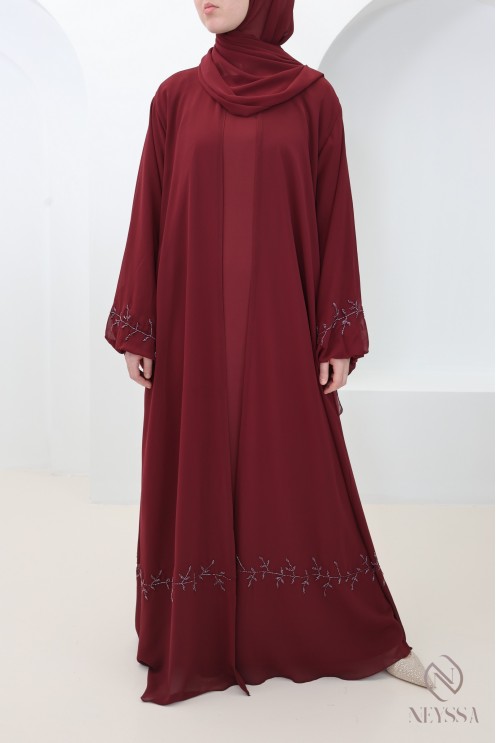 Abaya Dubai Kimono aus burgunderrotem Musselin, trendiger Hijabi-Eid
