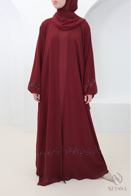 Abaya Dubaï kimono mousseline bordeaux, tendance Aïd hijabi
