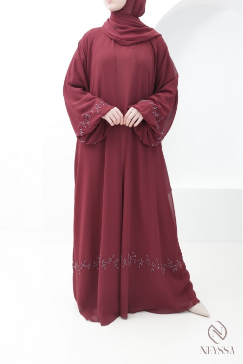 Abaya Dubaï kimono mousseline bordeaux, tendance Aïd hijabi