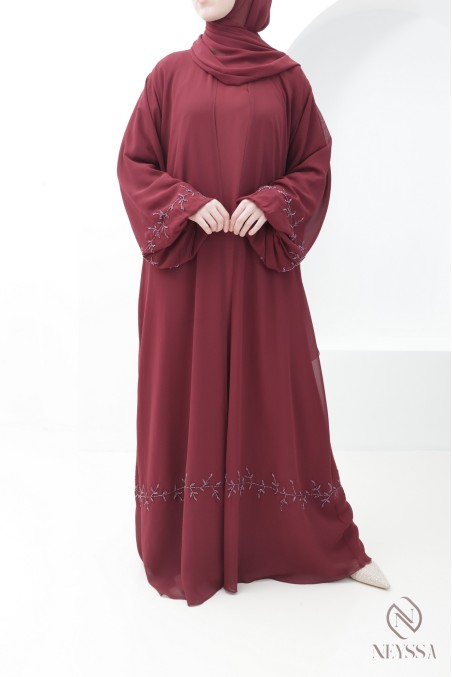 Abaya Dubaï kimono mousseline bordeaux, tendance Aïd hijabi