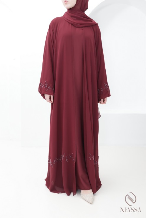 Dubai burgundy chiffon kimono abaya, Eid hijabi trend