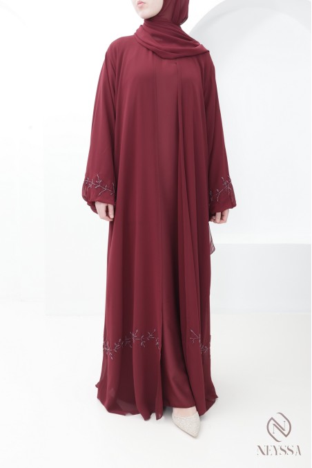 Abaya Dubai Kimono aus burgunderrotem Musselin, trendiger Hijabi-Eid