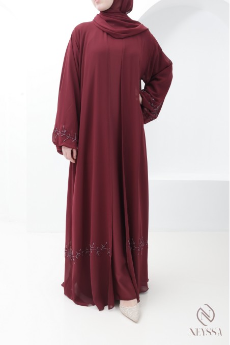 Abaya Dubaï kimono mousseline bordeaux, tendance Aïd hijabi