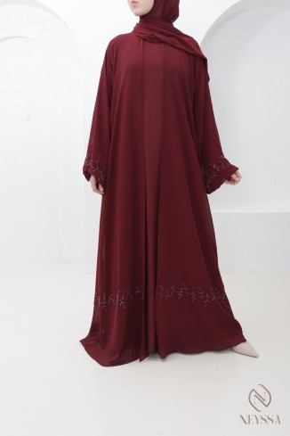 Abaya Dubaï kimono mousseline bordeaux, tendance Aïd hijabi