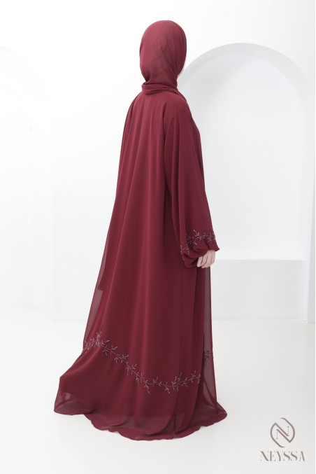 Abaya Dubaï kimono mousseline bordeaux, tendance Aïd hijabi