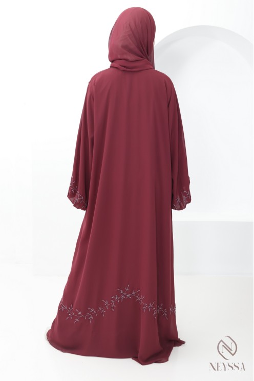 Abaya Dubaï kimono mousseline bordeaux, tendance Aïd hijabi