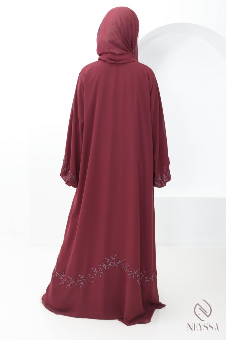 Abaya Dubaï kimono mousseline bordeaux, tendance Aïd hijabi