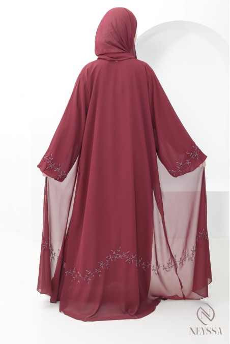 Abaya Dubaï kimono mousseline bordeaux, tendance Aïd hijabi