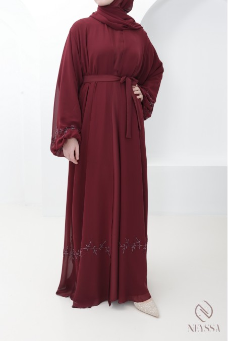 Dubai burgundy chiffon kimono abaya, Eid hijabi trend
