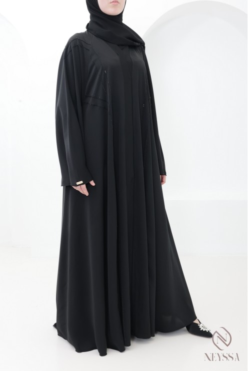 Black flared Dubai abaya with rhinestones and topstitching